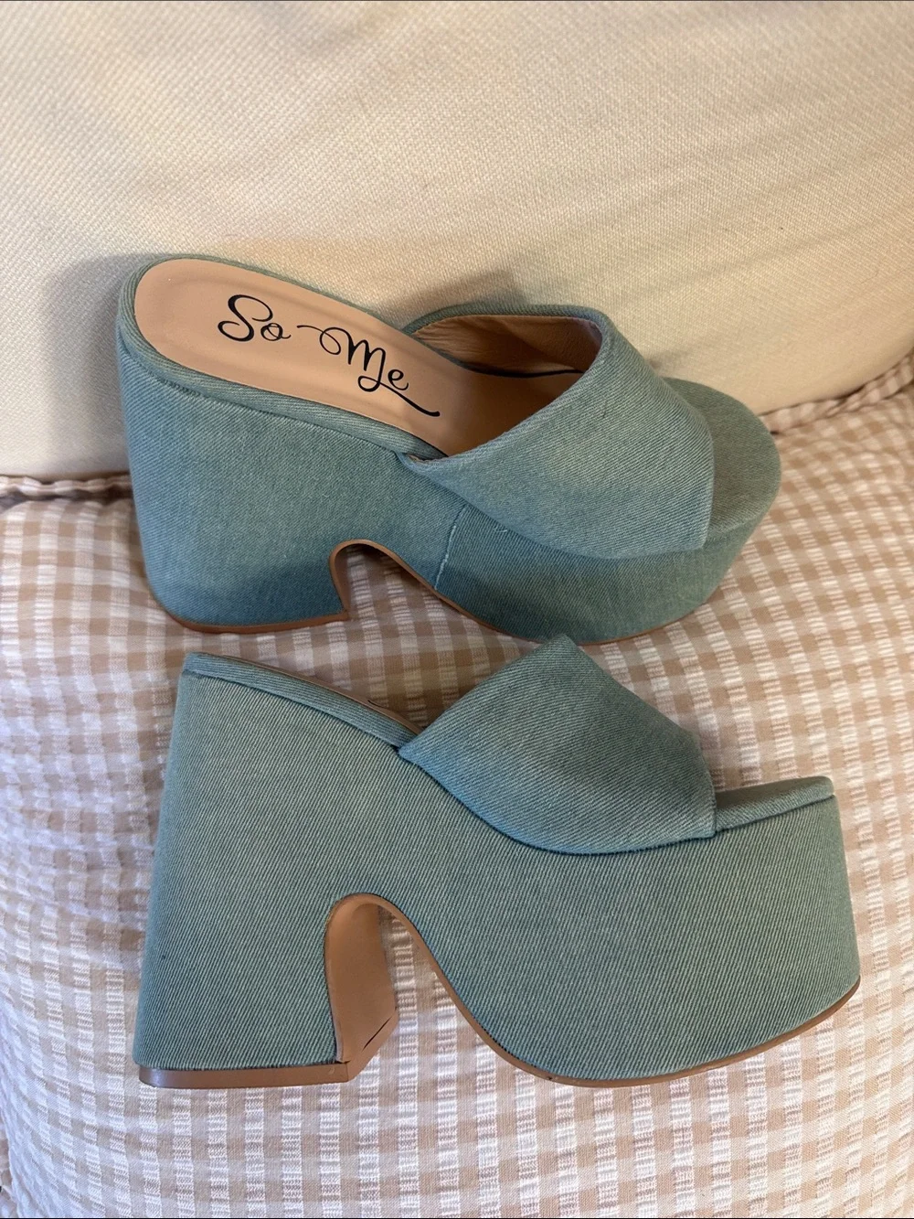 So Me Teal Denim Platform Slide Heels